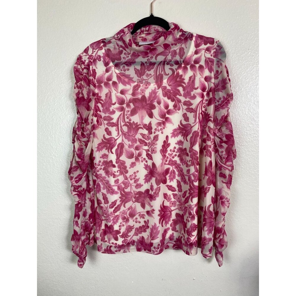 Susan Graver Pink Floral Ruffle Long Sleeve Blouse Top Sz Large Mesh Lined Boho‎
